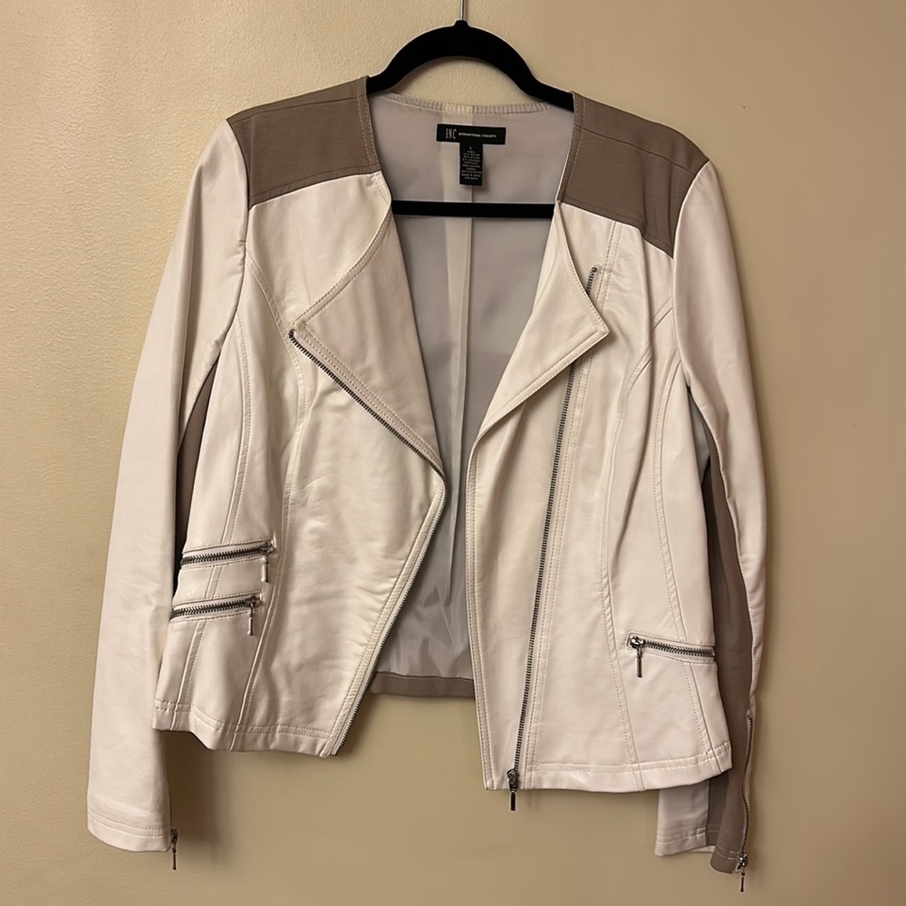 INC white faux leather motto jacket